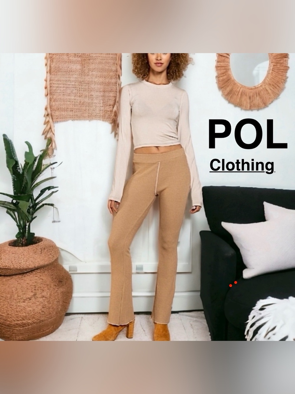 NWT POL Clothing Flare Ribbed Knit Pants with Stretch, Tan/Khaki, Size: Medium